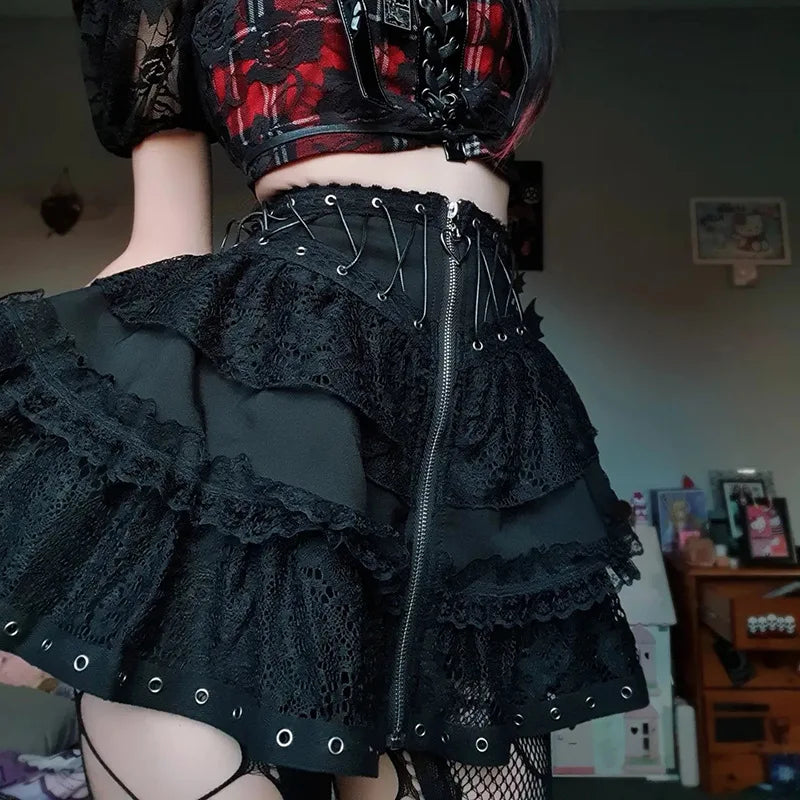Women's Punk Vintage High Wasit Skirt Zipper Front Black Gothic Cosplay Mini Skirts