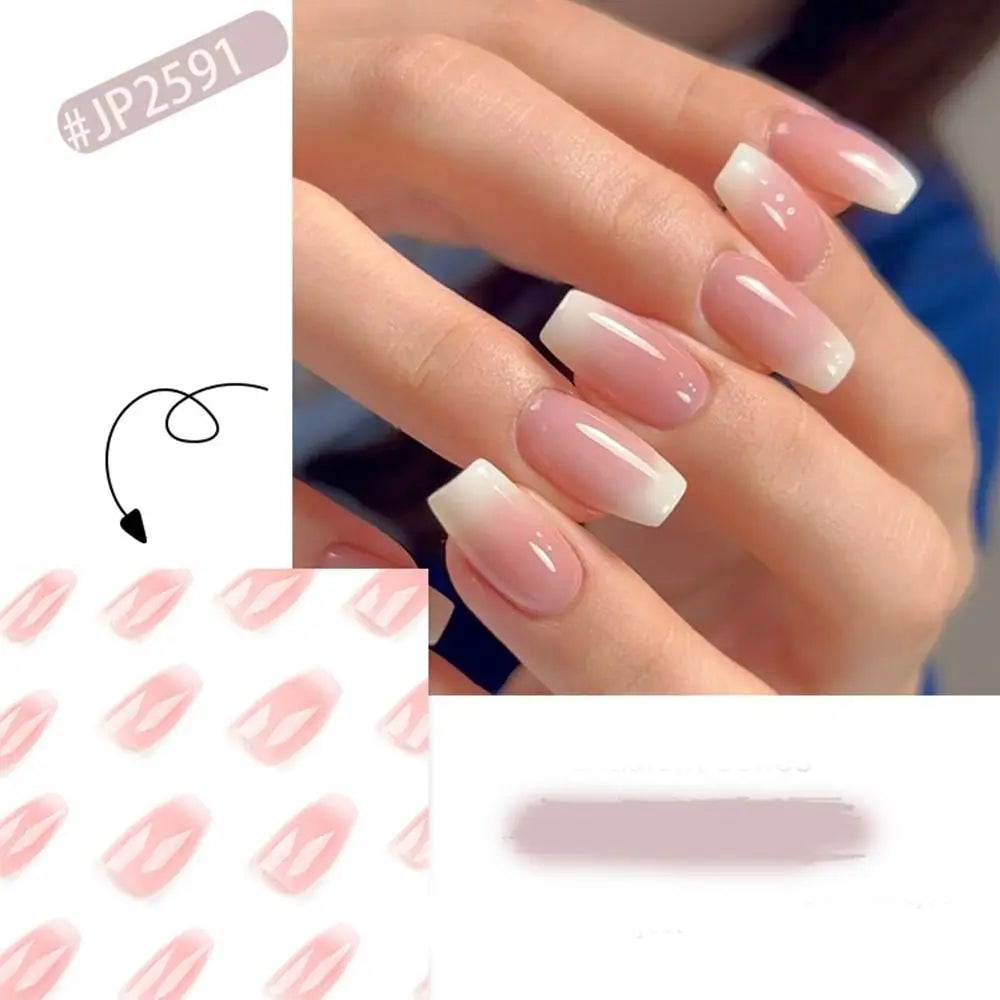24pcs Gradient Fake Nails French Ballerina Nail Medium Coffin Press on Nails Tips AA6 AA5
