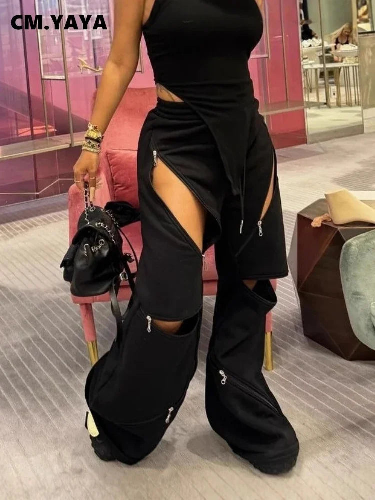 Basic Zipper Adjust Hole Women Wide Leg Loose Joggers Pants Fall Winter Active Loose Sporty Sweatpants