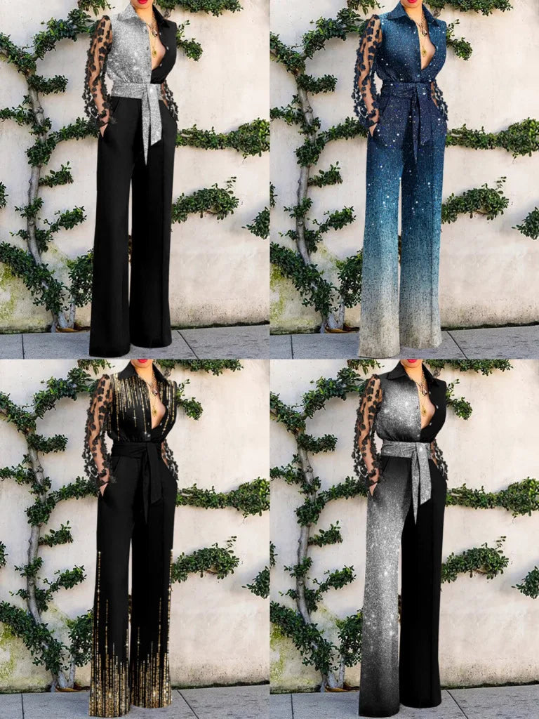 Flower Lace Hollow Out Long Sleeved Leace-up Sequin Jumpsuit