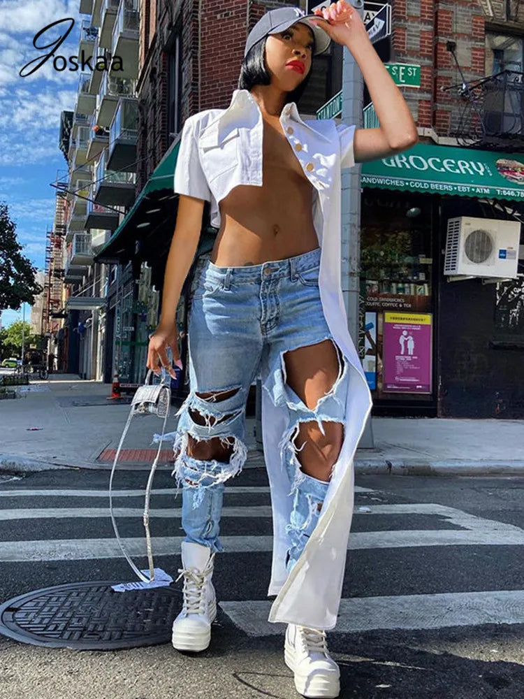Asymmetric Women Top Lapel Button Up Short Sleeve Autmn Cardigans Y2k Shirt Tees White Blouses
