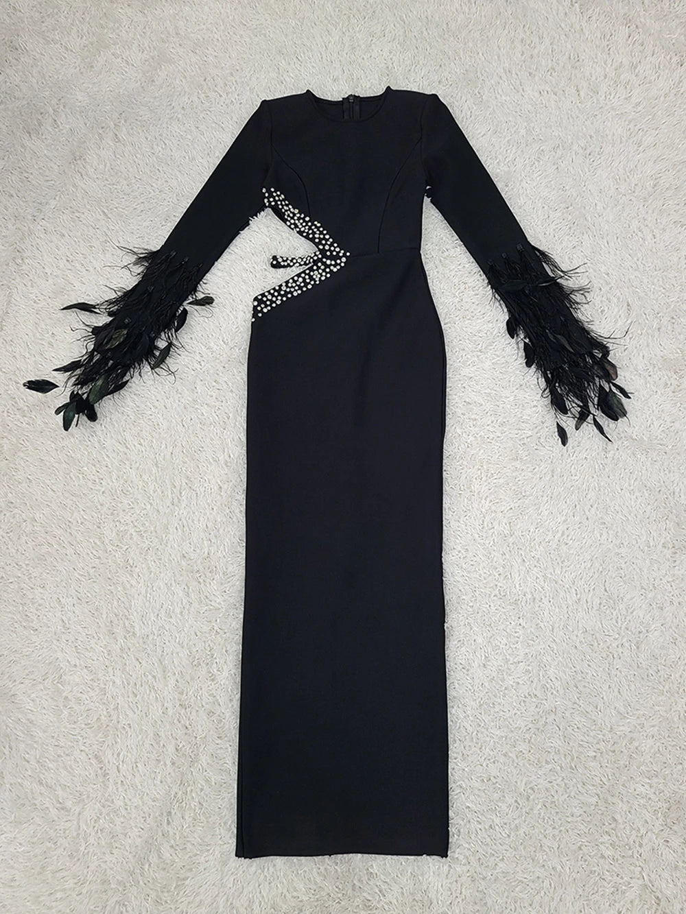Feather hollow out Bandage Maxi Dress Diamond Long Sleeve Bodycon Long Dress