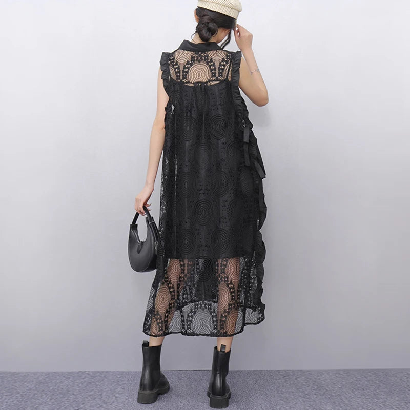 Solid Black White Sleeveless Black Lace Dress Loose Fit Button Up Gorgeous Casual Tank