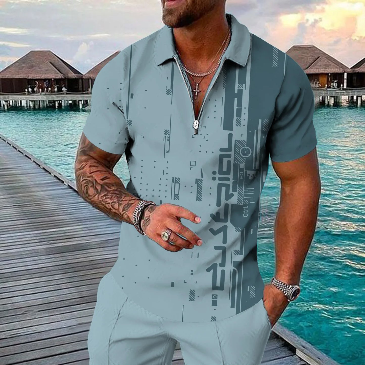 Men's 3D Flag Pattern Printed Short Sleeve POLO Shirt Zipper Men's T-Shirt