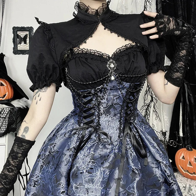 Vintage Gothic Smock Women Elegant Cute Lace Patchwork Puff Sleeve Crop Tops Aesthetic Fairy