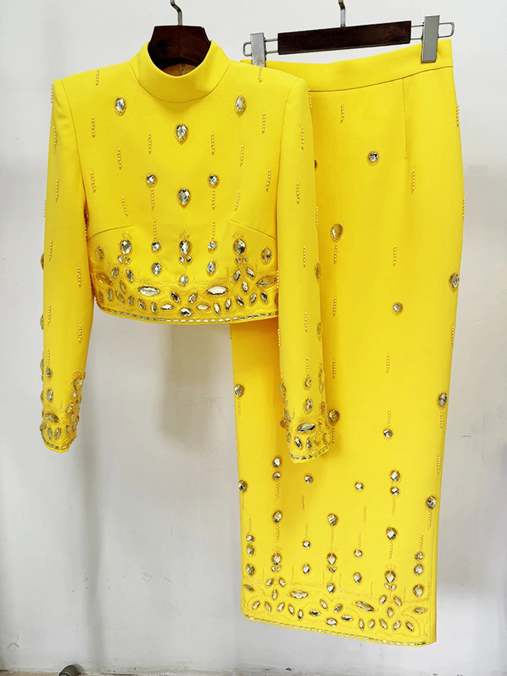 Long Sleeve Short Top and Mini Skirt Suit Outfit, Diamond Beaded Design,High Quality, 2 Pcs Set