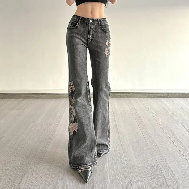 Beaded Embroidered Micro Slim Flare Jeans Street Y2k