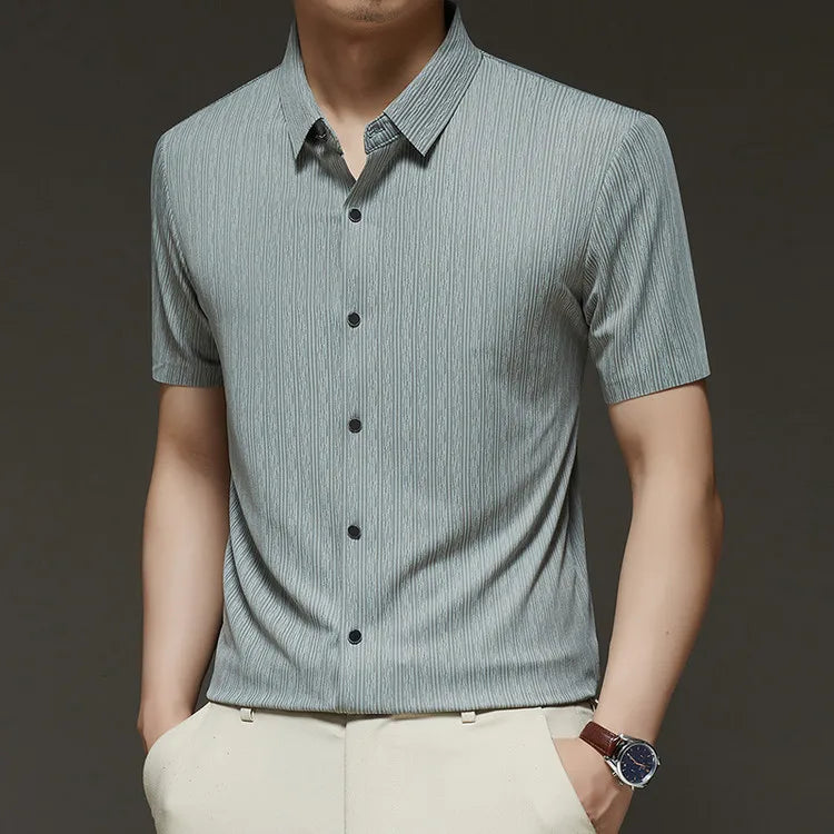 Men's Slim Fit Short Sleeve Dress Shirt Premium Spandex Stretch Fabric Solid Colors Business Casual