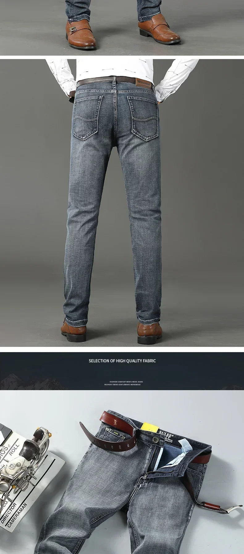 Men Classic Jeans Straight Regular Blue Stretch Denim Trousers Men's