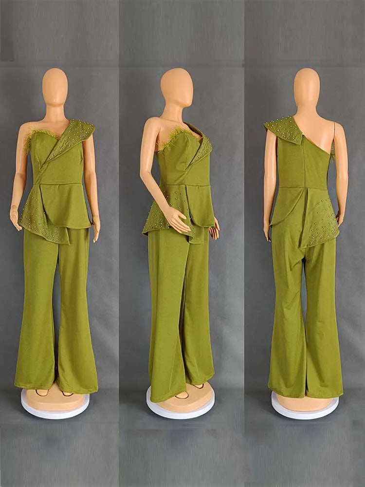 High Waist Strapless Jumpsuit Rivet Collar Tube Top Jumpsuit for Women Elegant
