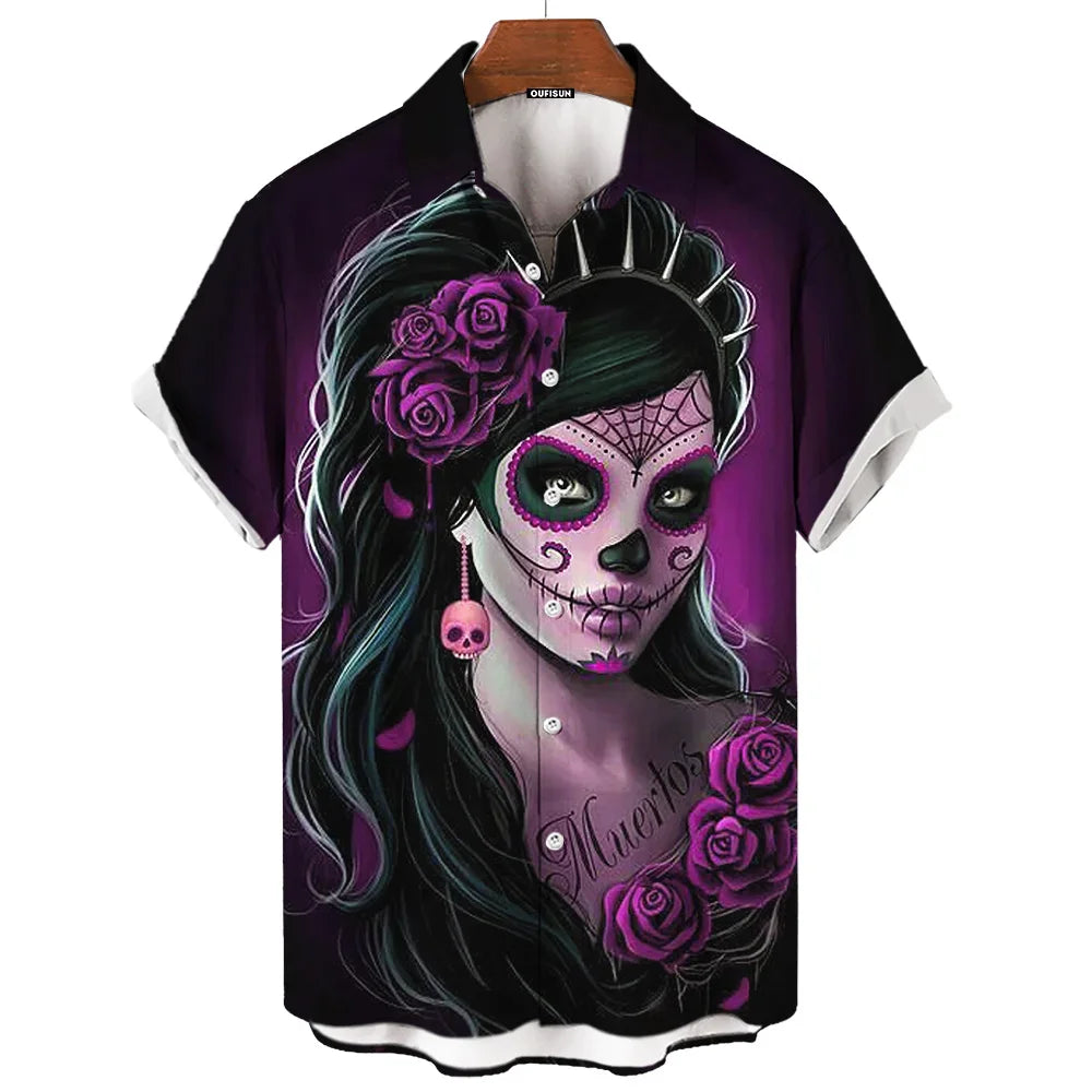 Day Of The Dead Shirt Skull Men's Shirts Skull Face 3d Print Short Sleeve Retro Loose