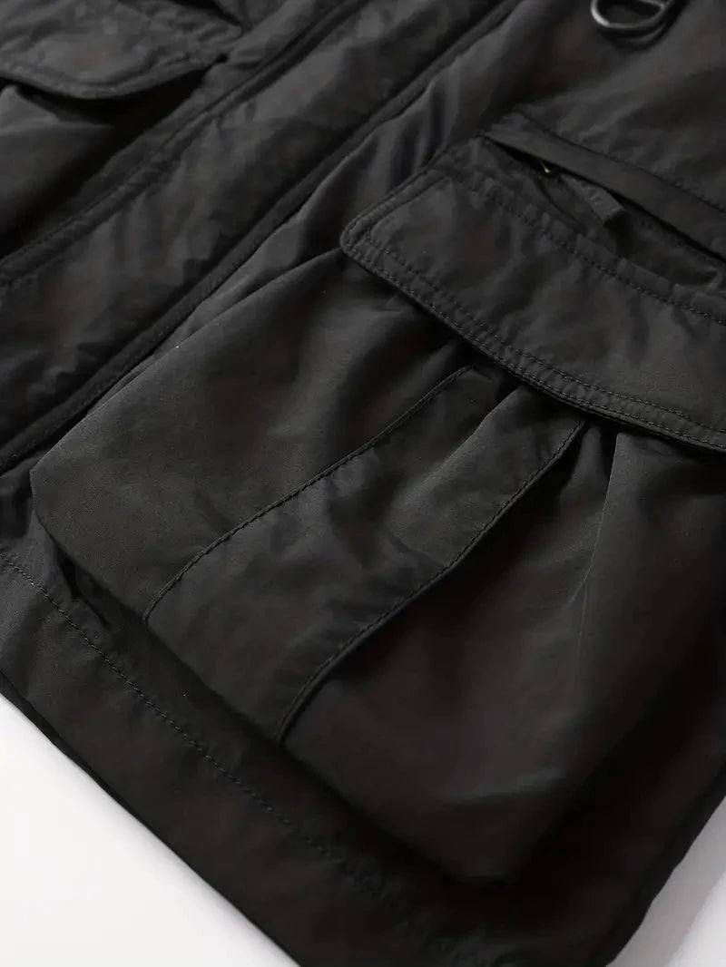 Detachable windproof sleeved hooded jacket suitable for outdoor activities men's casual waterproof multi pocket jacket vest