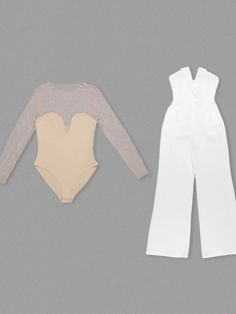 Mesh Pearl Beaded Bodysuits+Strapless Jumpsuit Two piece Sets Women White Jumpsuit Suits Evening