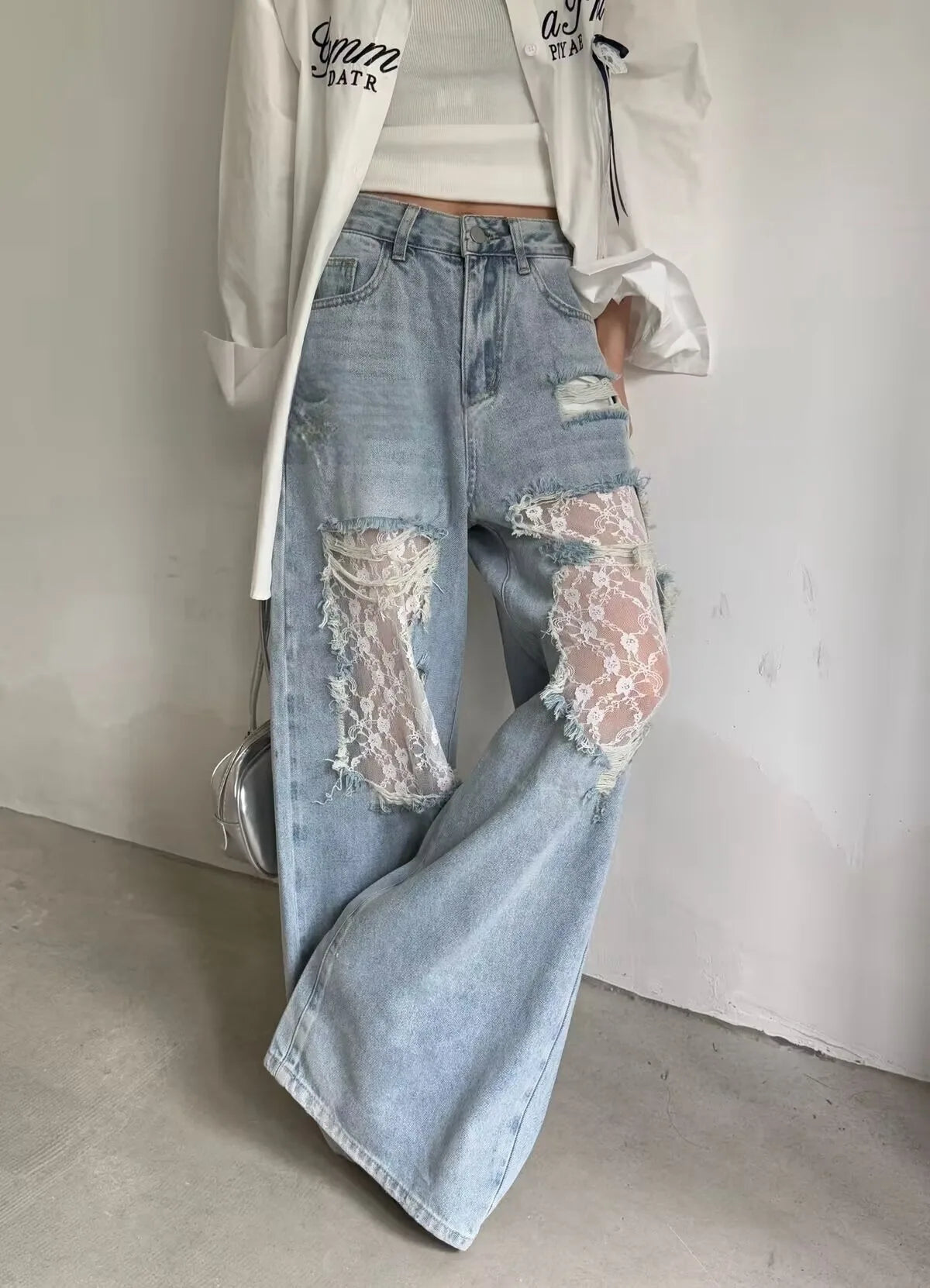 American Style Hottie Hole Lace Spliced Jeans for Women Y2k Fashion High Waist Loose Wide Leg Pants