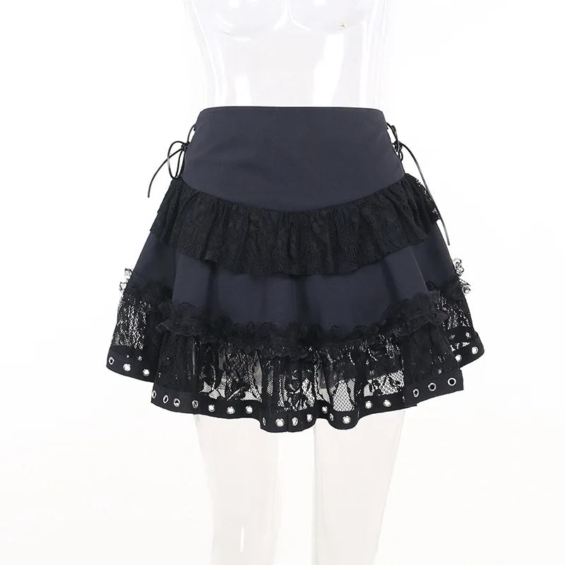 Women's Punk Vintage High Wasit Skirt Zipper Front Black Gothic Cosplay Mini Skirts