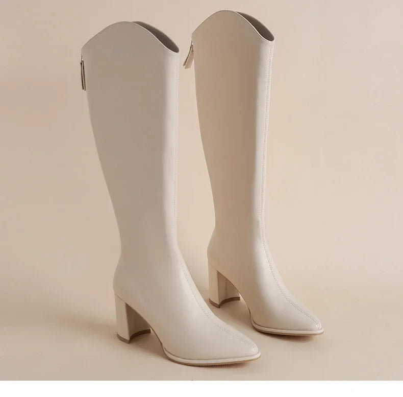 Zipper Thick High Heels Simple Thick High Heels Autumn Winter Boots Knee High