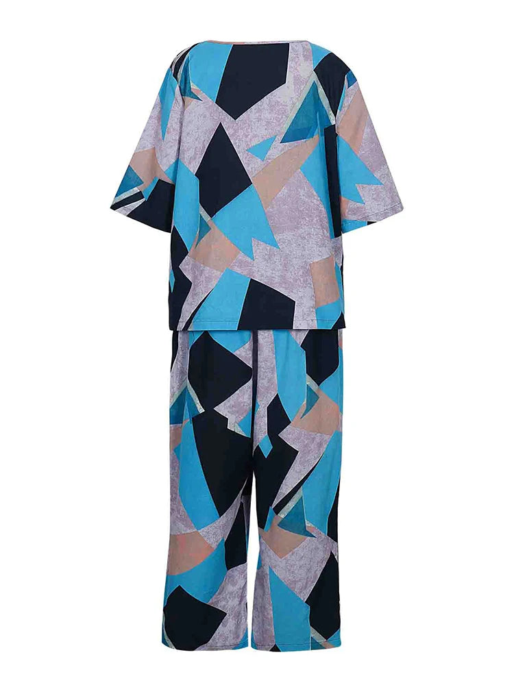 plus Size 2025 Women's Short Sleeve Pleated Suit Irregular Patterned Shirt Wide Leg Pants 2 Piece Fashion Sweatshirt Set