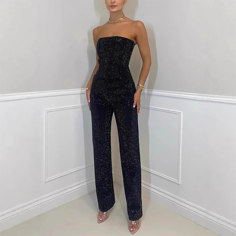 Rhinestone Denim Set Corset Shaping Crop Top Matching Slim Fit Jeans Party Clubwear Nightclub Cowgirl Style