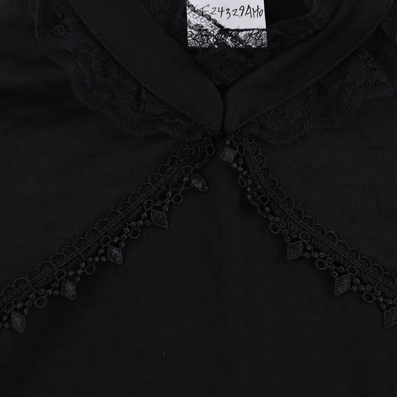 Vintage Gothic Smock Women Elegant Cute Lace Patchwork Puff Sleeve Crop Tops Aesthetic Fairy