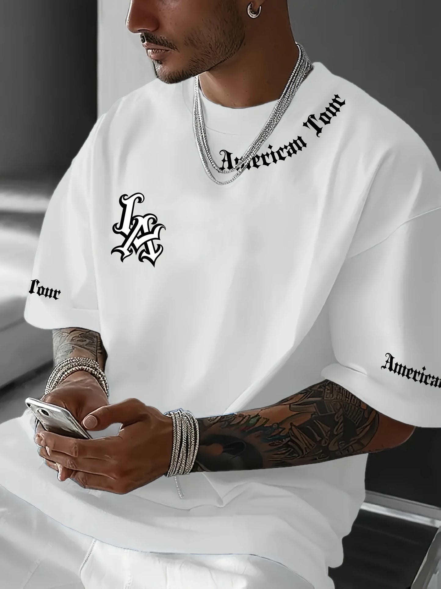 Men's simple LA logo graphic print casual t-shirt stylish round neck short sleeves