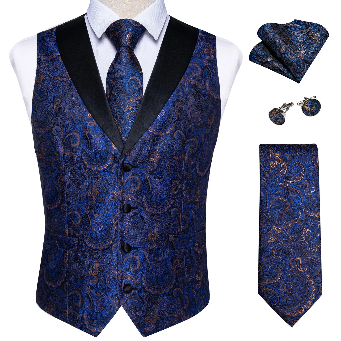 Men's Paisley Silk Suit Vest with Macthing Golden Paisley Neck Tie Handkerchief Cufflinks Wedding Prom Tuxedo Waistcoat