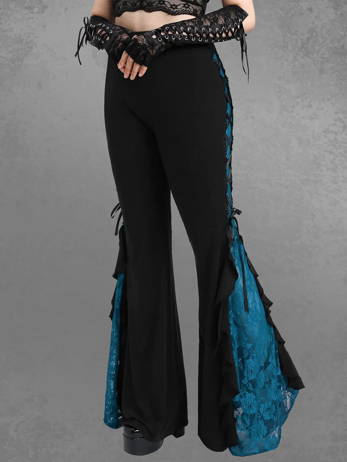 Gothic Lace Panel Lace-up Ruffle Flare Pants Elastic Waist Pull On Pant Colorblock Bell Bottom