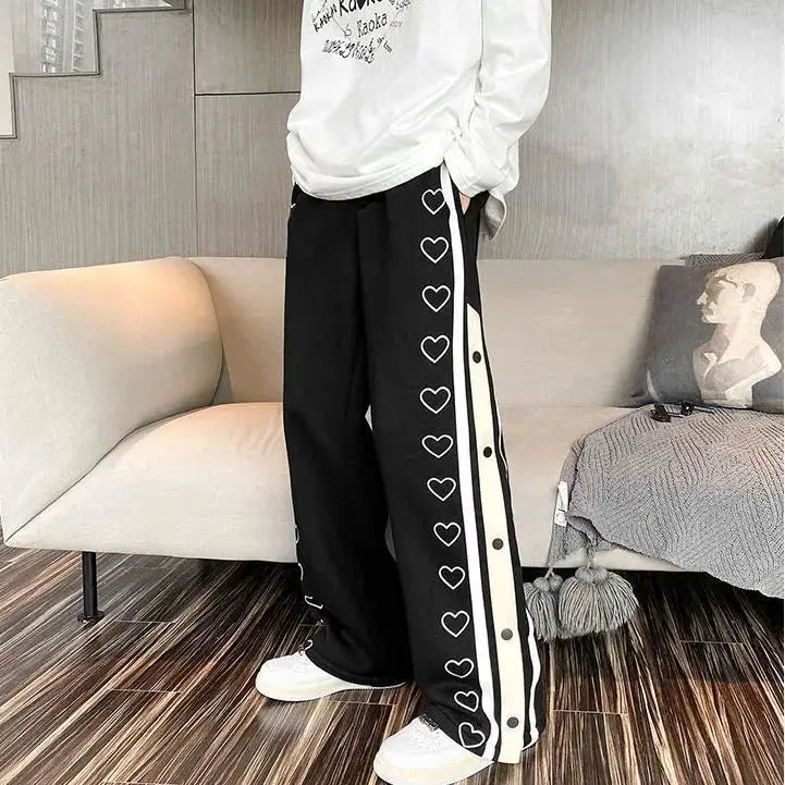 Harajuku Wide leg Sweatpants Oversize Men Side Button Baggy Pants Casual Sport Split Basketball Women Track Trousers