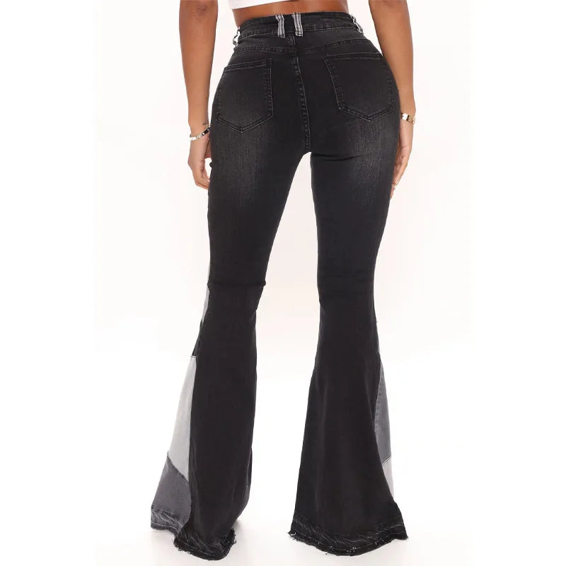 Women Flare Jeans Casual Pants Pannelled Collision High Waist Fit Female High Quality