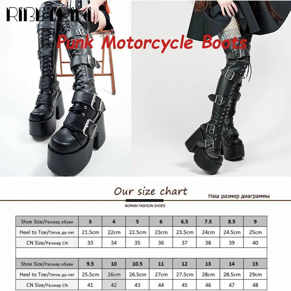 Goth Women Motorcycle Boots Block High Heels Platform Cool Street Boots