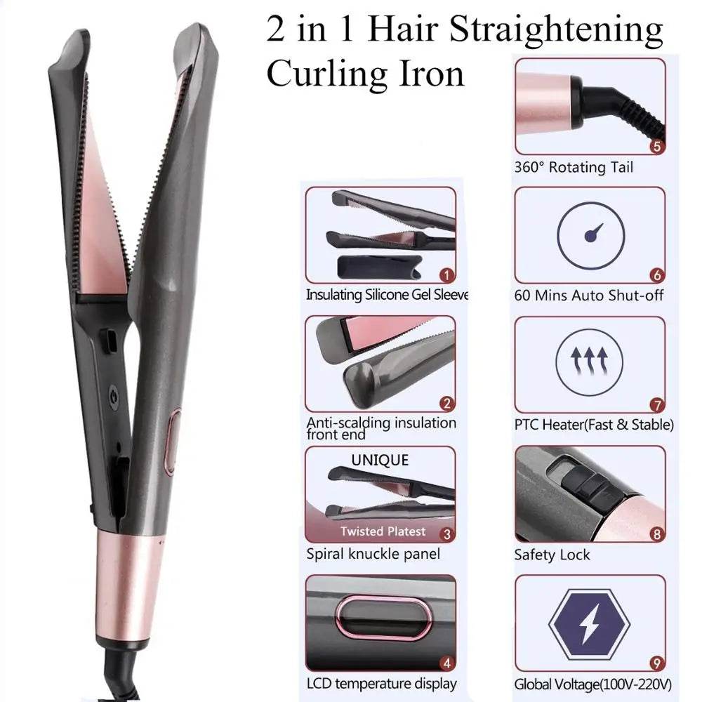 2 in 1 Hair Straightener And Curler Twist Straightening Curling Iron Professional Negative Ion Fast Heating Styling Flat Iron - Fashionqueene.com