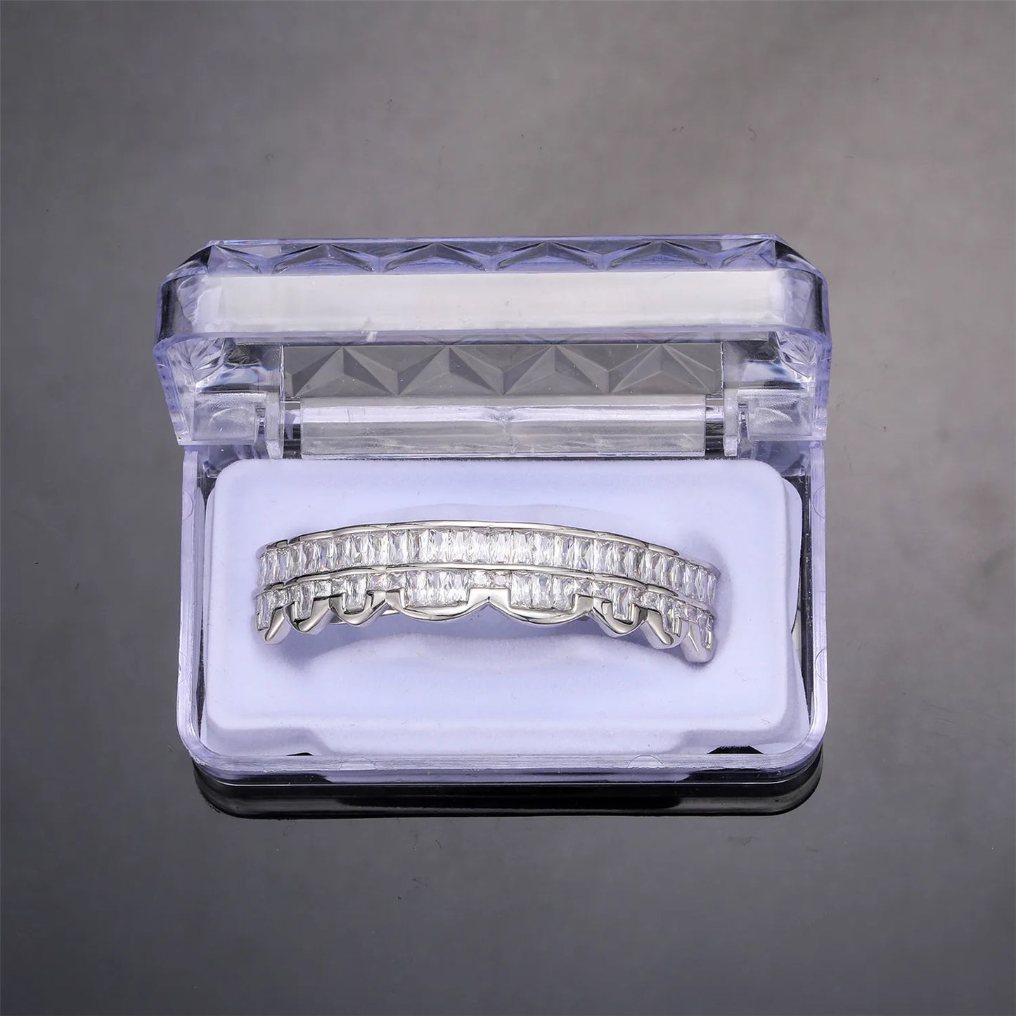 Baguette Teeth Grillz Set For Unisex Top Bottom Iced Out Cubic Zircon Stone Brass Material Hip Hop