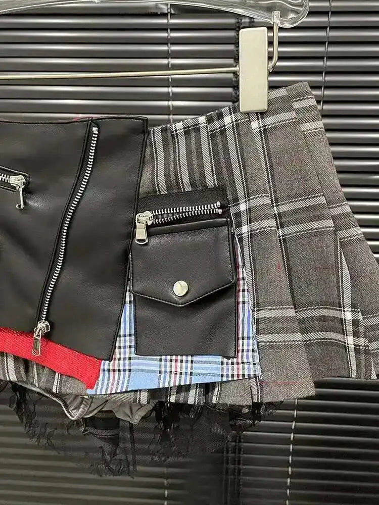 Women's Patchwork Plaid Design Pleated Mini Skirt High Waist A-line Skirt