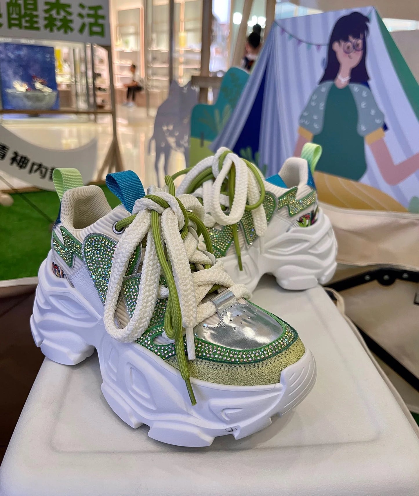 Women High Heels Platform Shoes Green Chunky Sneakers Real Leather Thick Sole Crystal