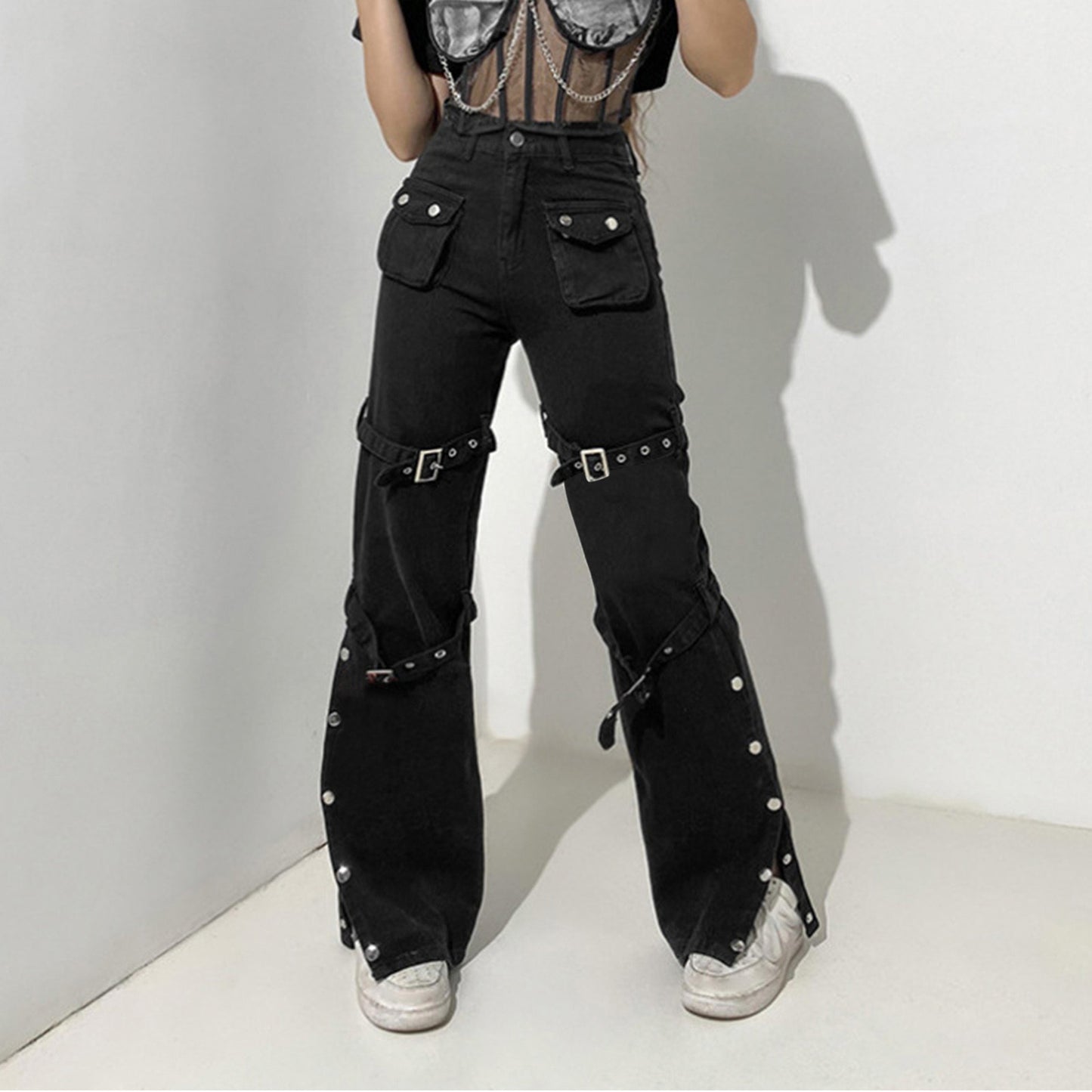 Gothic Punk Style Black Jeans Woman Streetwear Metal Buckle Hem Slit Flare Pants for Women Y2K Vintage Straight Flared Pants