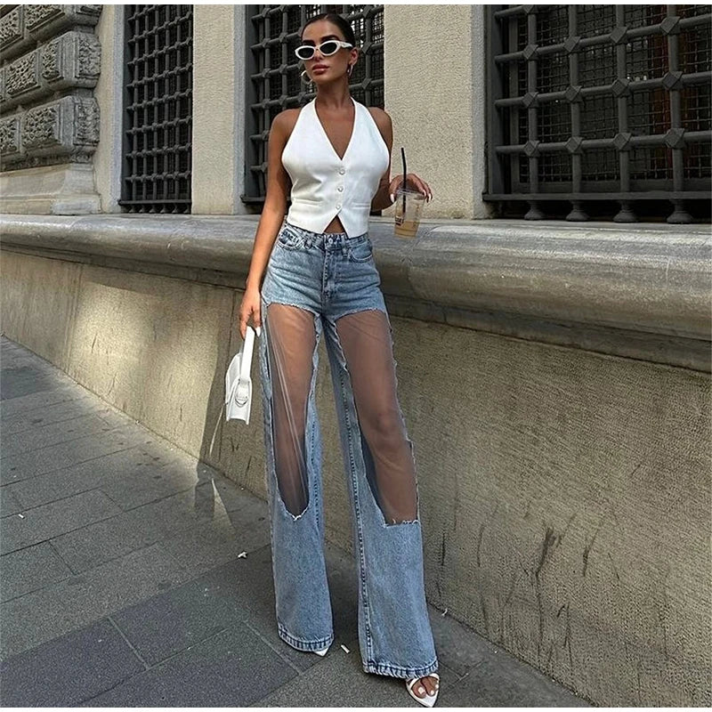 2025 Designer Women's Jeans Pant Blue Denim With Sheer Mesh Knee Panels Hip Hop Style Distressed High Waist Streetwear Trousers