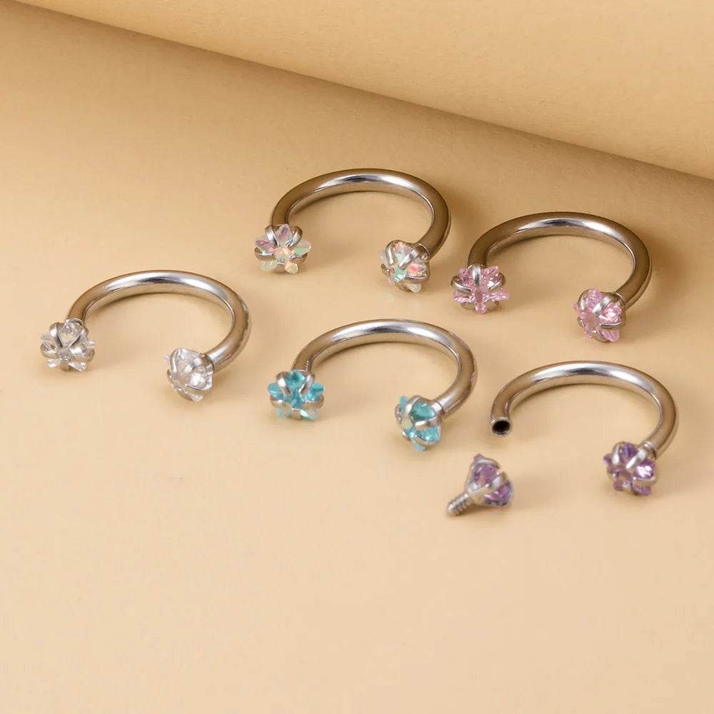 1pc Star Round Zircon Horseshoe Septum Piercing Nose Ring Hoop Eyebrow Lip Ring 8mm 16G - Fashionqueene.com