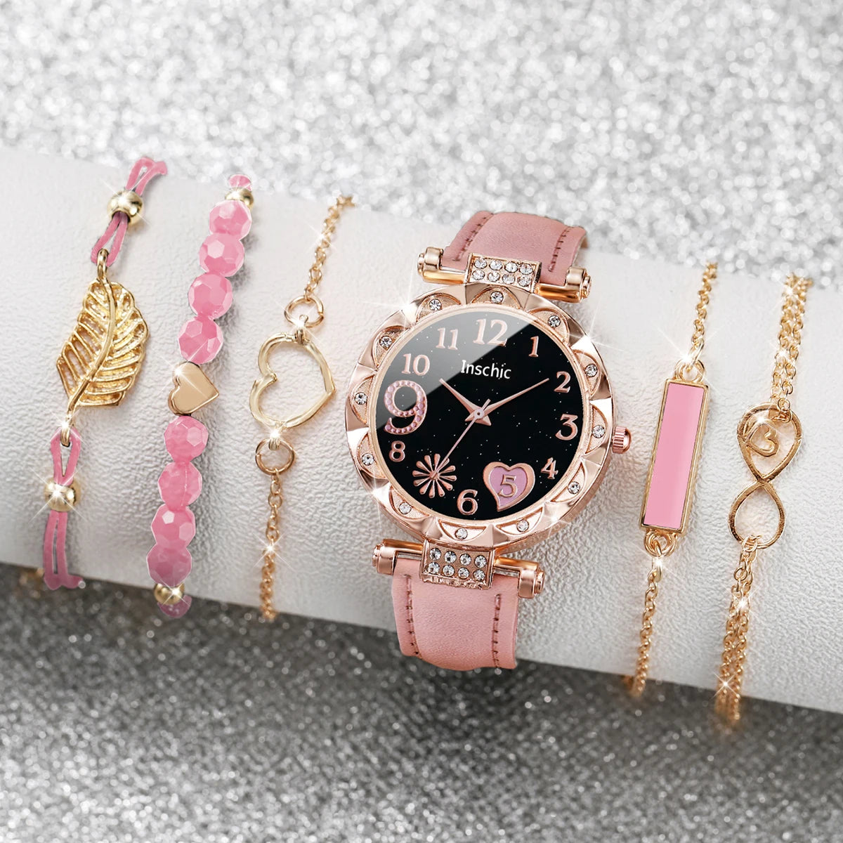 6PCS/Set Fashion Heart Dial Women's Watch Casual Leather Band Analog Quartz Watch Leaf Bracelets Set(Without Box)