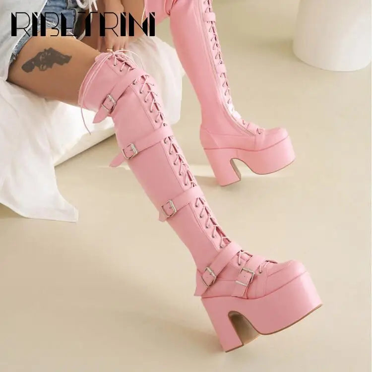 Goth Women Motorcycle Boots Block High Heels Platform Cool Street Boots