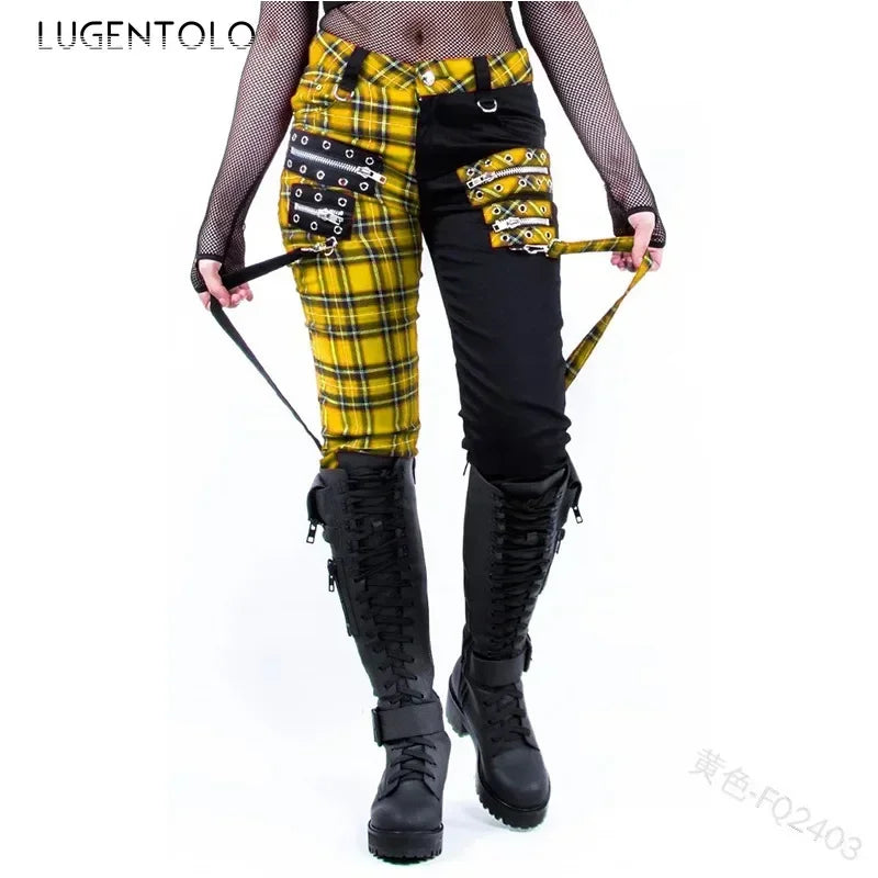 Women Pants Plaid Autumn Trousers Personality Bandage Splice Casual Women's Print Large Size Pencil Clothing