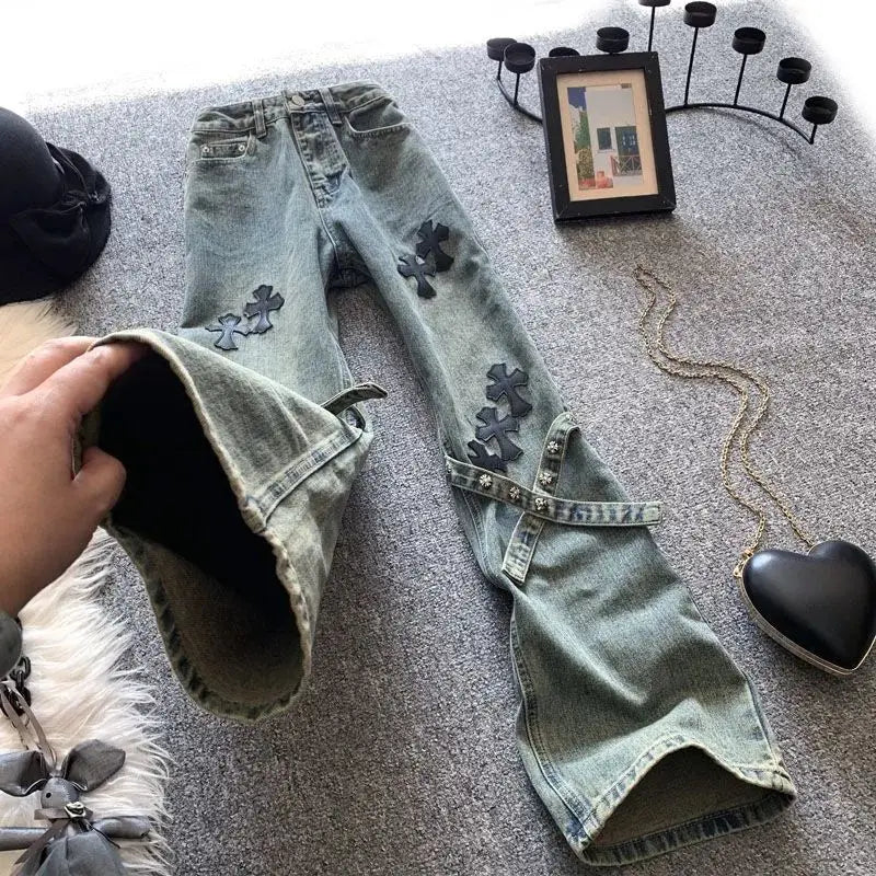Cross Patch High Waist Jeans Women Straight Loose Wide-leg Pants Harajuku Hot Girl Y2k Trousers