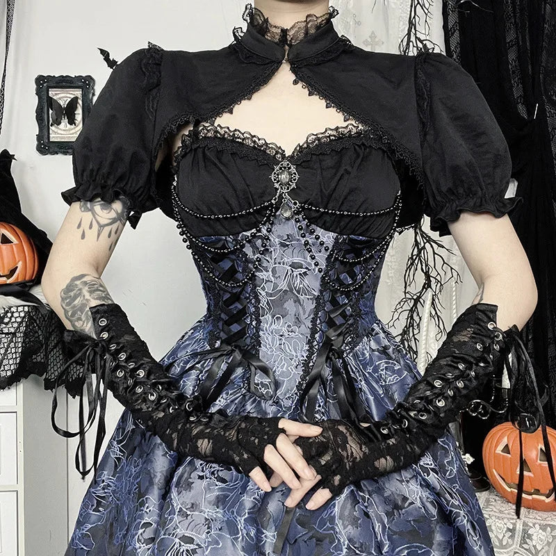 Vintage Gothic Smock Women Elegant Cute Lace Patchwork Puff Sleeve Crop Tops Aesthetic Fairy