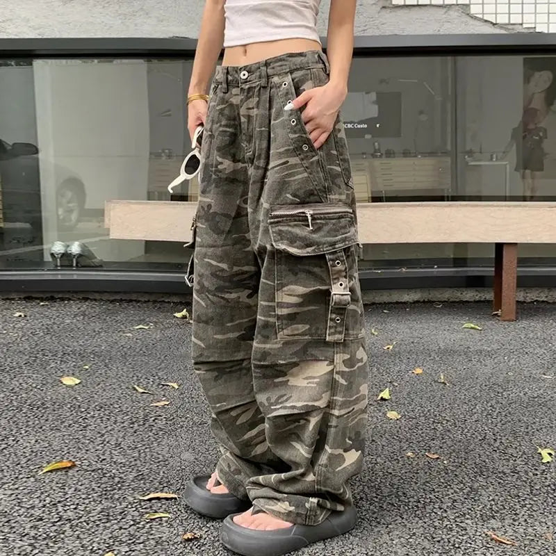 Distressed Camouflage Overalls Straight Jeans Baggy Jeans Harajuku Y2k Hot Girl Trousers
