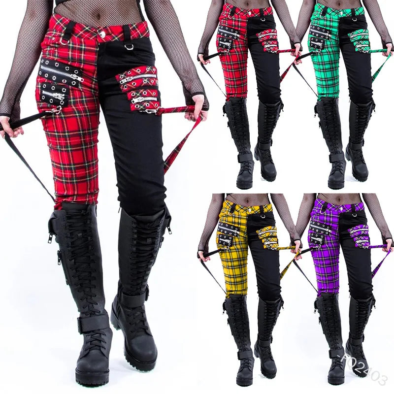 Women Pants Plaid Autumn Trousers Personality Bandage Splice Casual Women's Print Large Size Pencil Clothing
