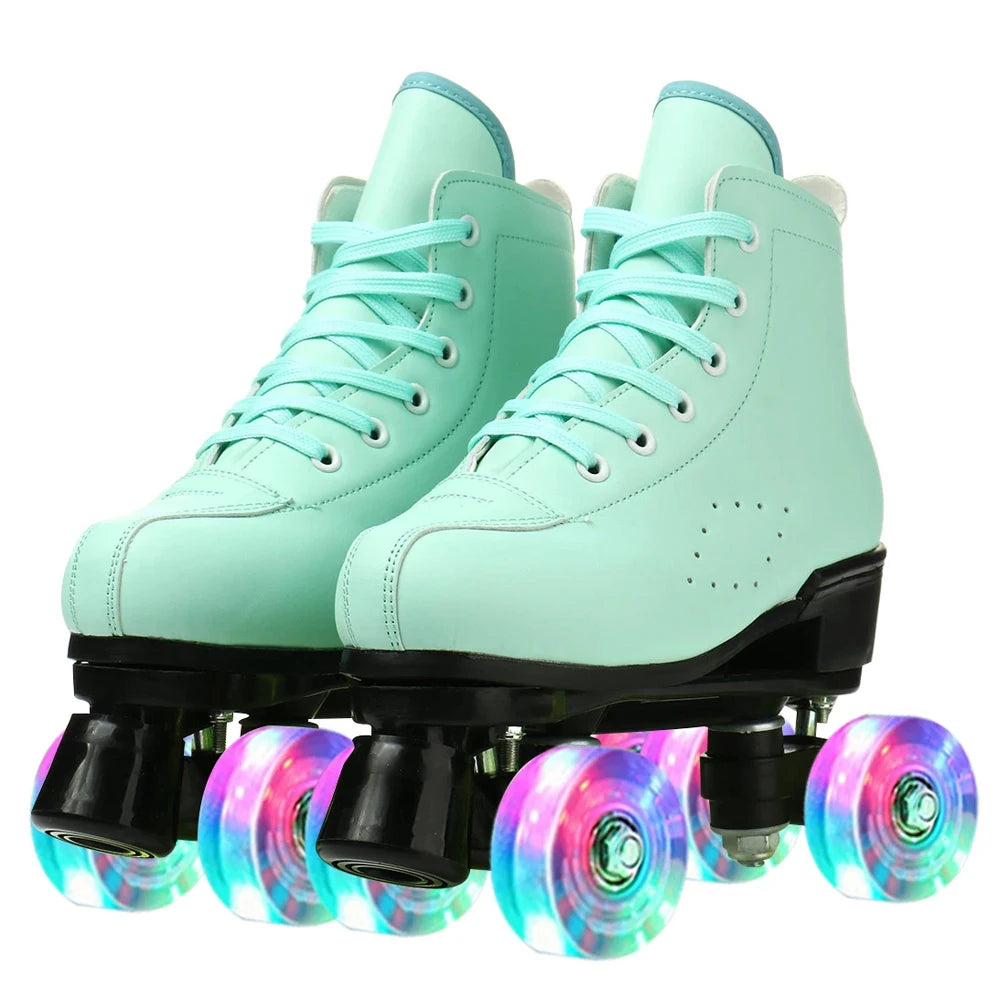 PU Leather Roller Skates Women Double Row Breathable 4 wheel Skate Shoes