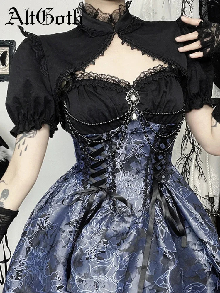 Vintage Gothic Smock Women Elegant Cute Lace Patchwork Puff Sleeve Crop Tops Aesthetic Fairy