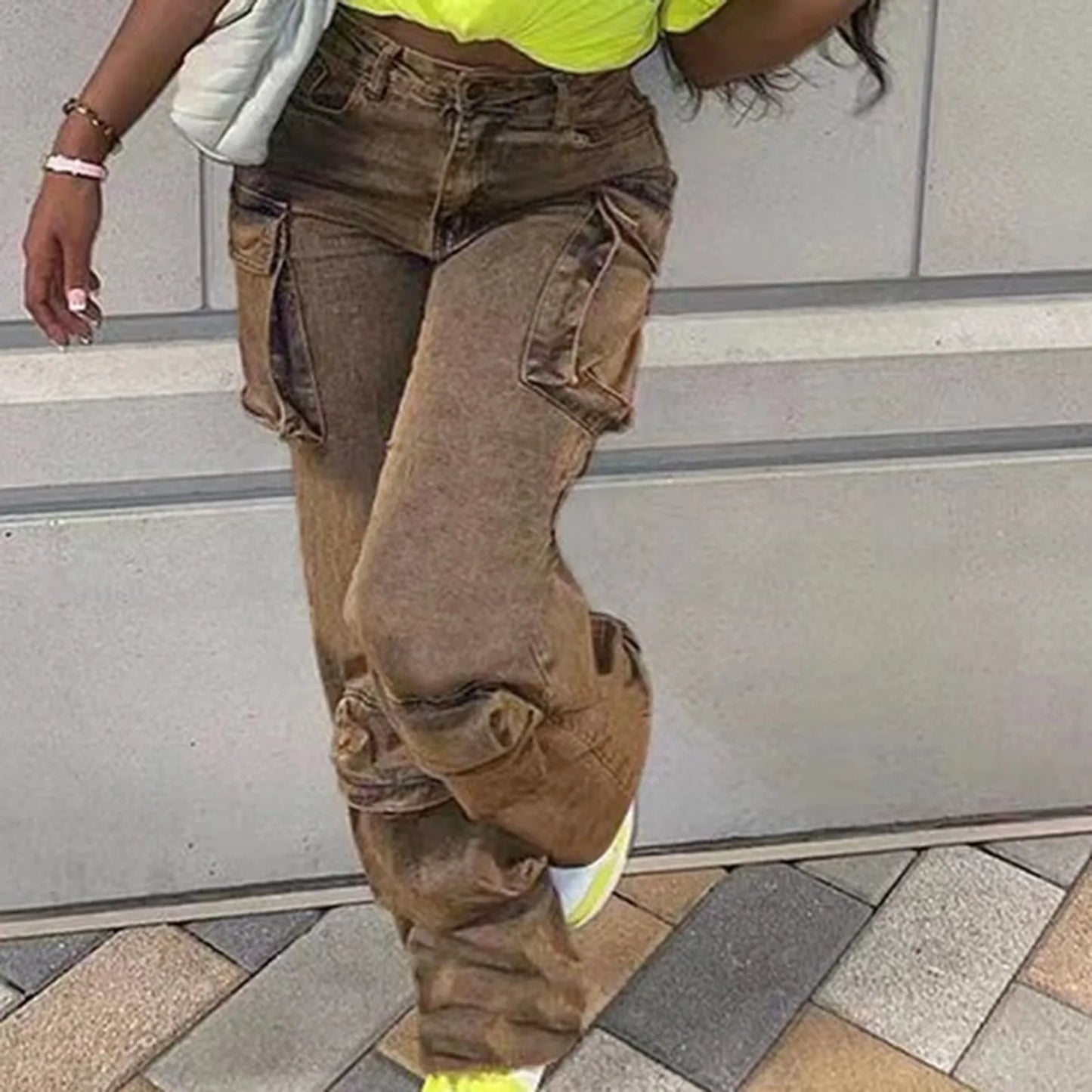 Women Streetwear Loose Straight Multi Pockets Denim Cargo Pants Wide Leg Jeans Baggy Brown / L / United States Red / S / United States
