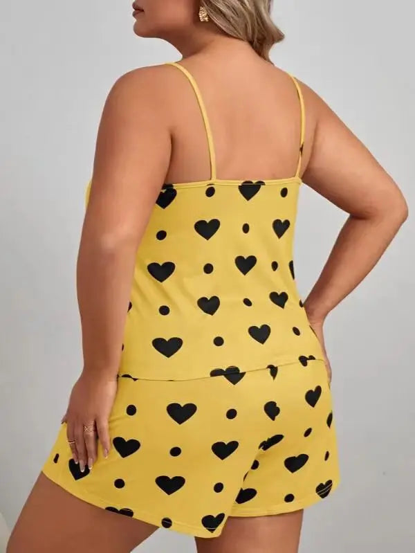 Plus Size Heart Print Women Pajama Set Sleeveless O Neck Crop Top & Elastic Waist Shorts 2 Pieces Female Sleepwear Nightwear