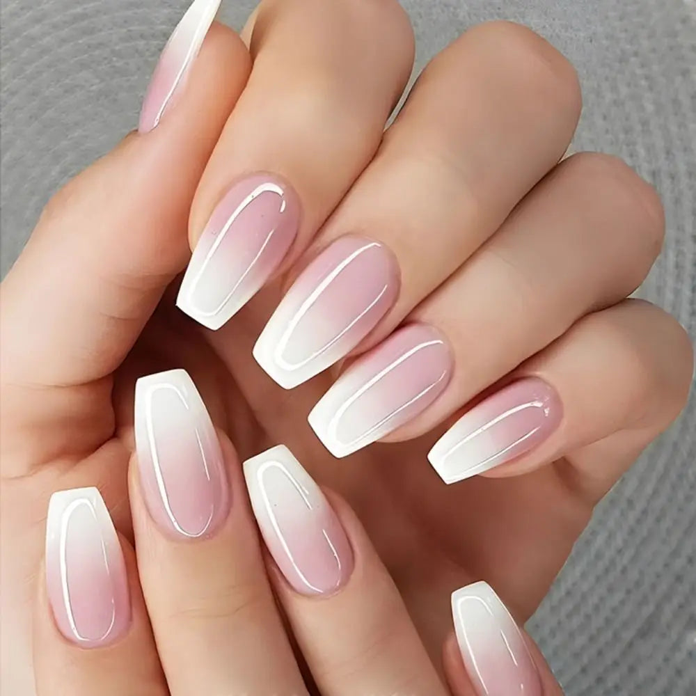 24pcs Gradient Fake Nails French Ballerina Nail Medium Coffin Press on Nails Tips AA6 AA5