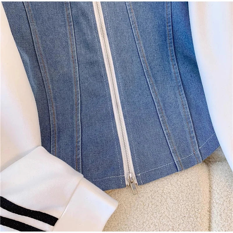 Women Preppy Style Patchwork Contrast Denim Sets Stand Collar Elastic Jeans 2 Piece Suit Streetwear Comfort