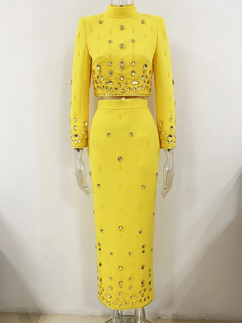 Long Sleeve Short Top and Mini Skirt Suit Outfit, Diamond Beaded Design,High Quality, 2 Pcs Set